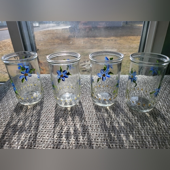4 Vtg Handpainted Jelly Jar Juice Glasses - Picture 1 of 4